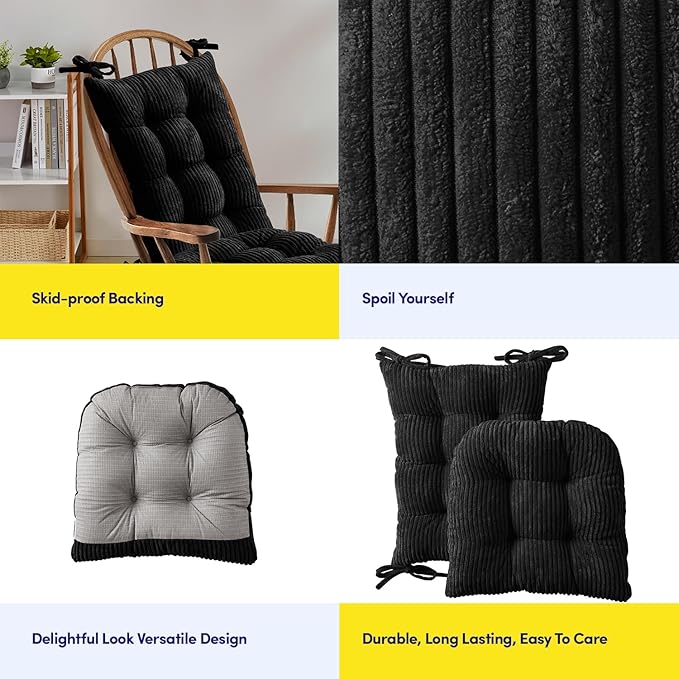Rocking Chair Cushion Premium Tufted Pads Non Skid Slip Backed Crushed Velvet Cover Set of Upper and Lower with Ties, 21 in x 17 in | 17 in x 17 in, Velvet Black