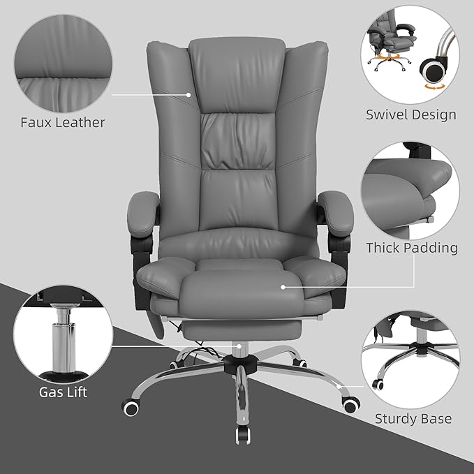 Vinsetto Executive Massage Office Chair with 4 Vibration and Heat, 3 Modes, PU Leather Swivel Chair with Adjustable Height, Reclining Back, and Footrest, Gray