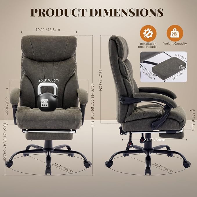 Garvee Comfortable Office Desk Chair 500 LBS, Big and Tall Office Chairs with Adjustable Flip-up Armrests,100-118°Recline Executive Leather Gaming Chair for Heavy People, Long Hours,Gray