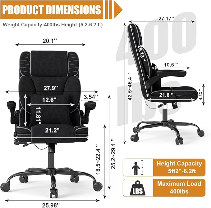 Big and Tall Office Chair with Adjustable Lumbar Support,Breathable Fabric High Back Desk Computer Chair with Adjustable Flip-up Armrests,Ergonomic Swivel PC Chair with Rocking Function