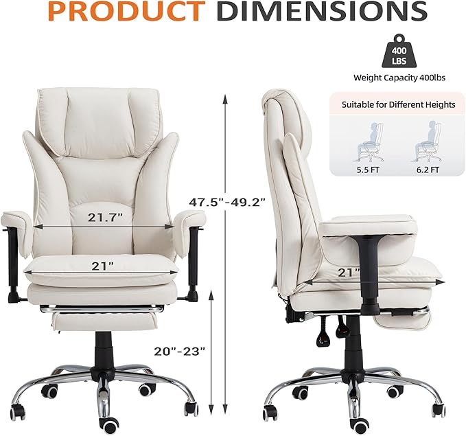 HOMREST 4-Point Massage Office Chair with Heat, 155° Reclining Executive Desk Chair with Adjustable Armrests for Home Office, Ergonomic High Back Computer Chair with Footrest, Beige