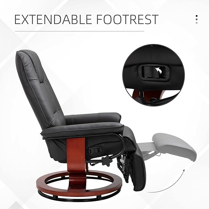 HOMCOM Swivel Recliner Chair, PU Leather Reclining Armchair with Retractable Footrest, Lounge Chair with Wood Base and Adjustable High Back for Small Spaces, Living Room, RV, Bedroom, Black