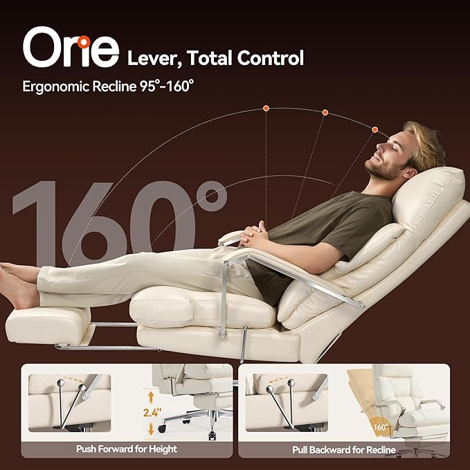 OKUP M76 160° Reclining Executive Office Chair with Footrest, Adjustable Seat Depth, 10" Thick Cloud Cushion Desk Chair, 420lb Heavy Duty High Back Leather Desk Chair for Home Office, Cream