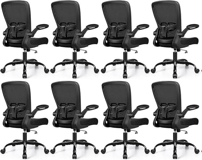 Ergonomic Office Chair 2026 - Mesh Desk Chair with Flip-up Armrests, Adjustable Height and Lumbar, 360° Swivel Comfortable Computer Chairs for Home, Conference Room, Reception, 350lbs, 8 Pack