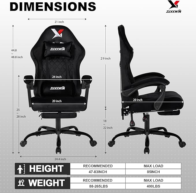 Velvet Gaming Chair, Ergonomic High Back Racing Chair with Footrest, Spring Wide Cushion, Adjustable Headrest & Lumbar Support, 90-135° Recline, 360° Swivel, 300lbs for Home Office, Black