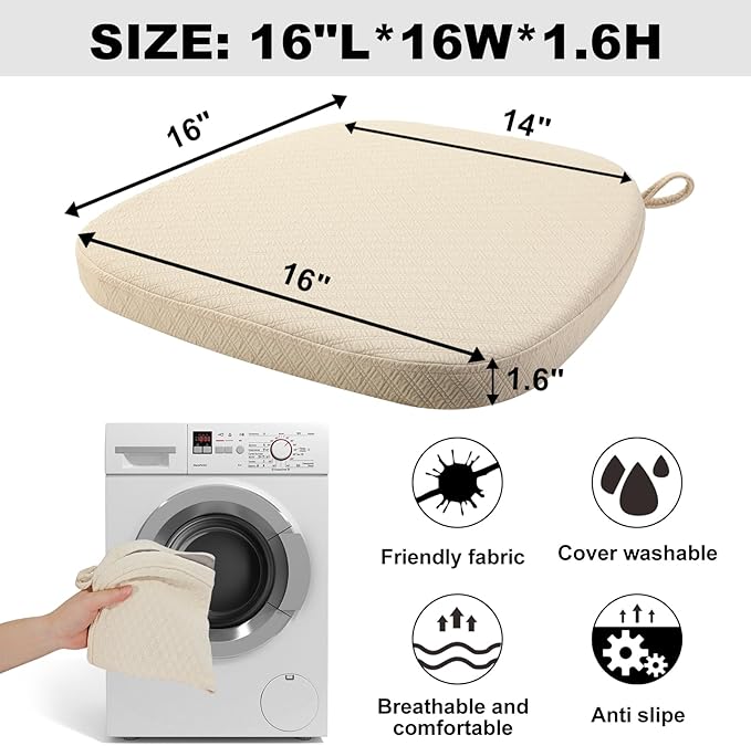 BUYUE Luxury 100% Pure Memory Foam Chair Cushion 1 Pack, Jacquard 16" U-Shape Comfortable Dining Chair Pad, Removable Slip Resistant Kitchen Chair Seat Cushion, (1 Piece, Beige)