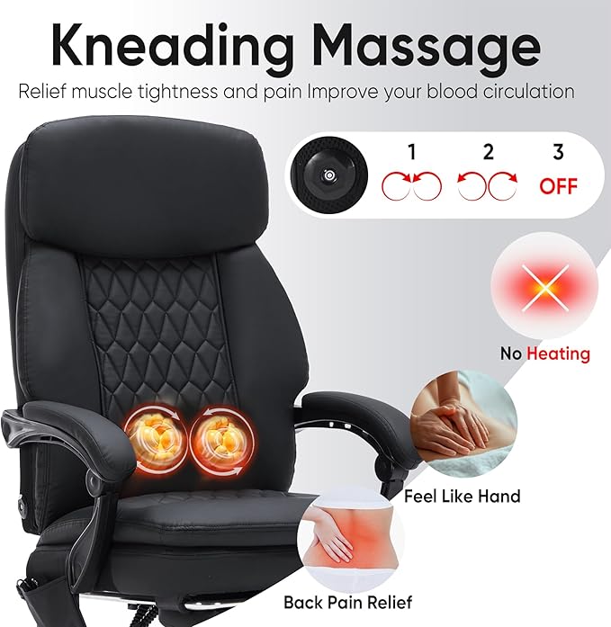 16 Nodes Kneading Massage Office Chair with Foot Rest,450lbs Shiatsu Massage Reclining Office Chairs,Home Office Desk Chair for Heavy People,Ergonomic Desk Chairs with Extra Cushion Pillow(Black)