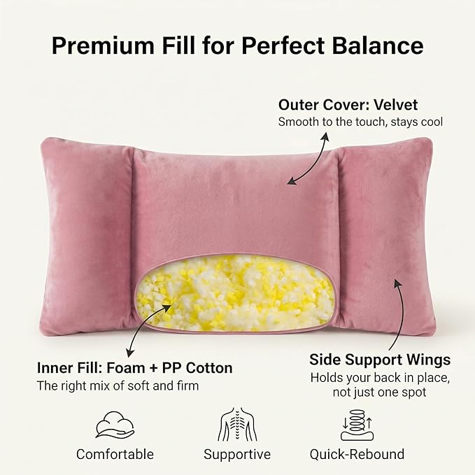 Sofa-Level Lumbar Support Pillow for Car Seat, Plush Velvet Back Cushion with 3-Zone Support, Soft & Supportive Lumbar Pillow for Driving, Office Chair, Home Decor (Pink)