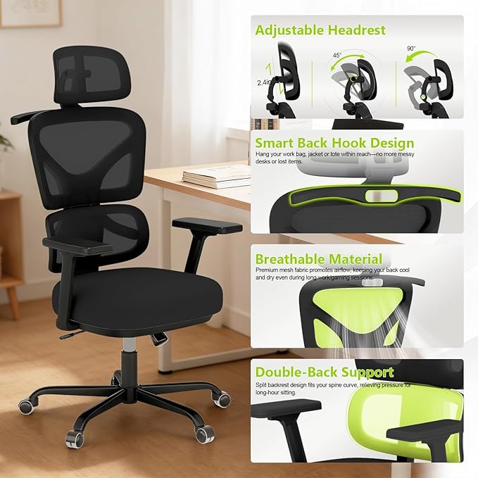 Ergonomic Office Chair Mesh Desk Chair with Lumbar Support and Headrest, High Back Computer Chair with Armrest and Tilt Lock, Home Office Desk Chairs for Men Women