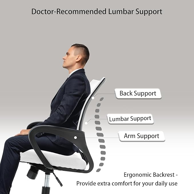 Home Office Desk Chair - Space-Saving Mesh Back with 360° Swivel & Height Adjustable (Easy Assembly), PVC Base, White