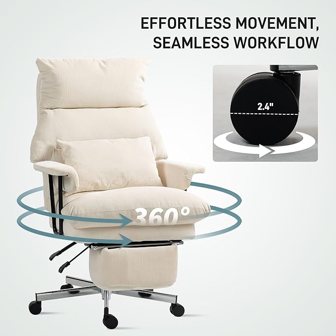 HOMCOM Large Overstuffed Office Chair with Lumbar Support, High Back Reclining Executive Corduroy Computer Desk Chair with Footrest, Swivel Wheels, Cream White