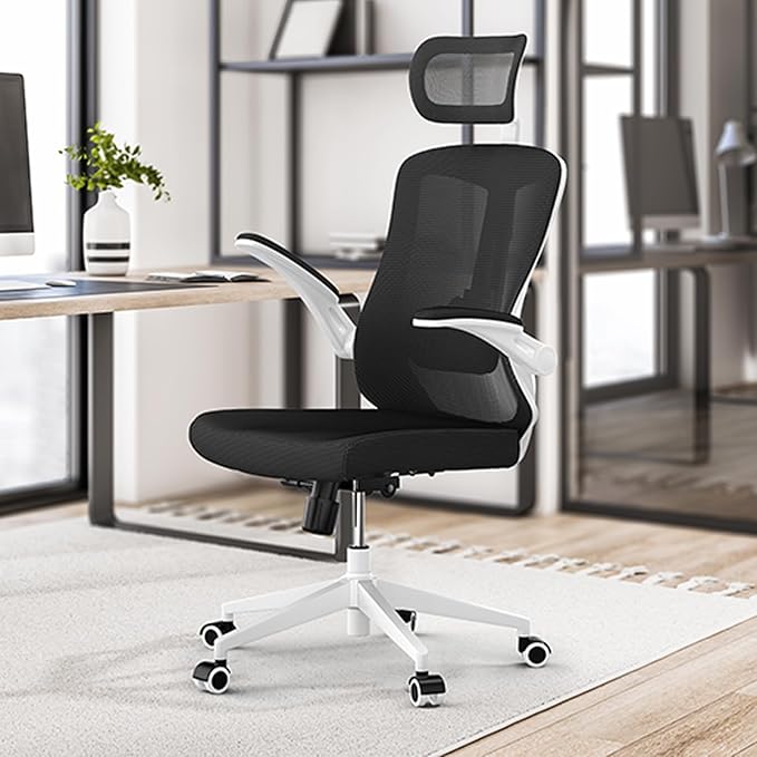 350 LBS Ergonomic Office Computer Mesh Chair - Adjustable Height Rolling Desk Chair with Flip-Up Armrests & High Back Support - Comfortable Swivel Task Chair for Home Office (03WHITE-Black)
