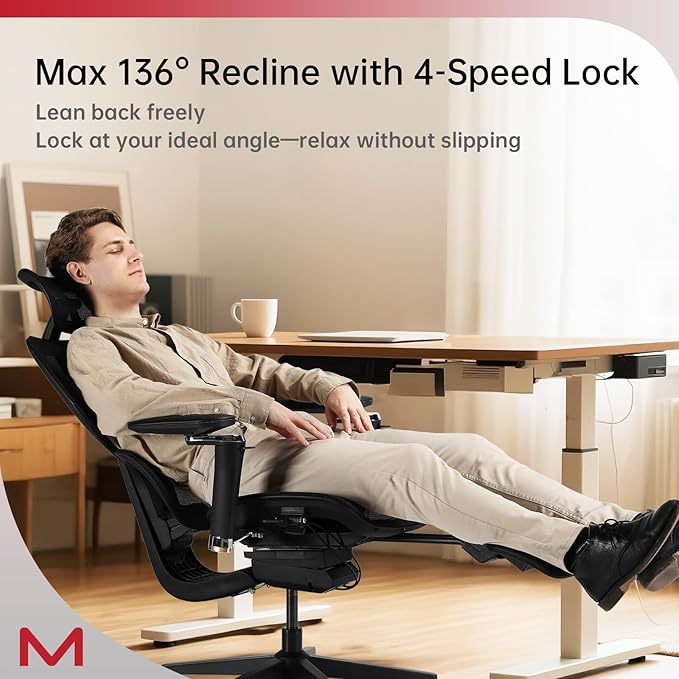 Ergonomic Office Chair with Footrest - High Back Mesh Desk Chair for Home Office, Reclining Computer Chair with Adjustable Lumbar, 3D Headrest, 300lb, 4'11"-6'3" - Black