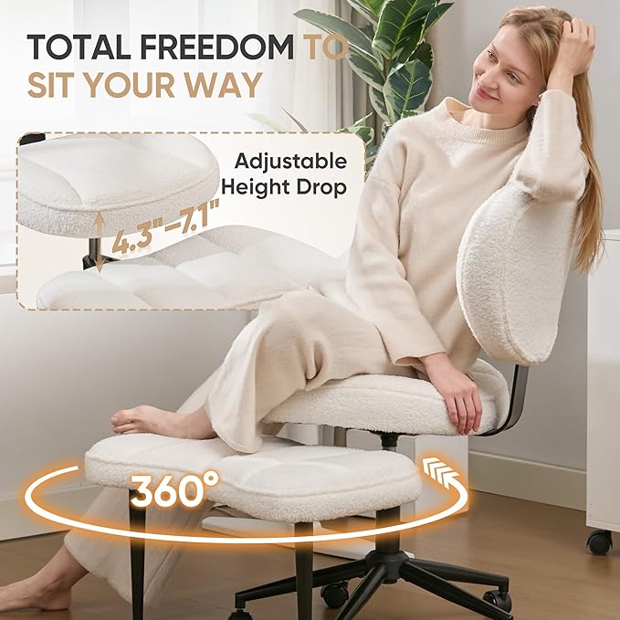 Criss Cross Office Chair with Wheels, Adjustable-Height Backrest & Swivel Footrest, Ergonomic Cross Legged Office Chair with Leg Rest for Kneeling Meditation Yoga ADHD (Beige Teddy Fleece)