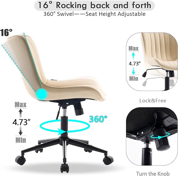 YOUNIKE Ergonomic Home Office Desk Chair with Wheels Comfy Armless Criss Cross Chair with Adjustable Back Modern Leather Upholstered Swivel Vanity Chair Small Cute Rolling Task Chair for Women Beige