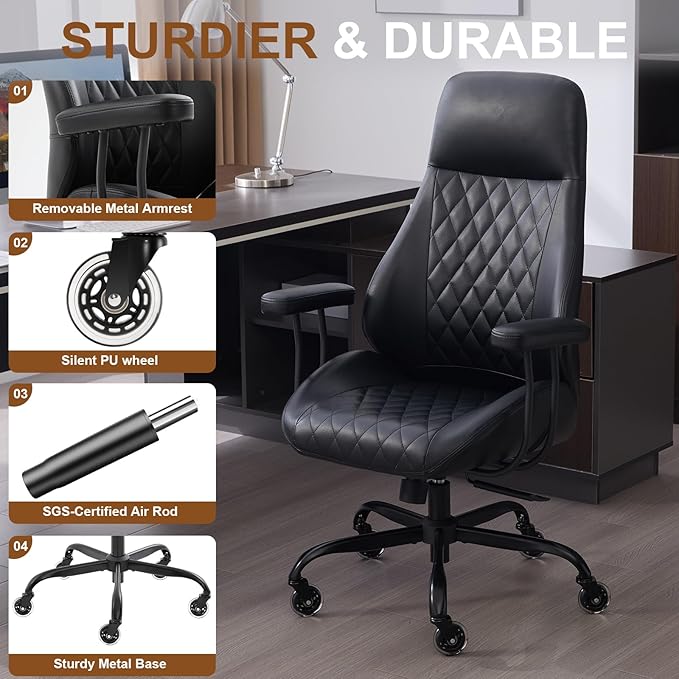 E-Motie Office Chair with Rubber Wheels, Ergonomic Computer Chair 500 lbs, Leather Desk Chair with Lumbar Support, Executive Chair Adjustable Height & Recline, Black
