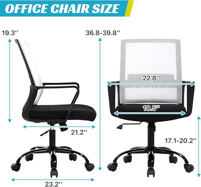 Ergonomic Office Chair, Breathable Mesh Desk Chair, Swivel Computer Chair with Wheels & Adjustable Height & Comfort Seat for Home Office, Gaming Room, White