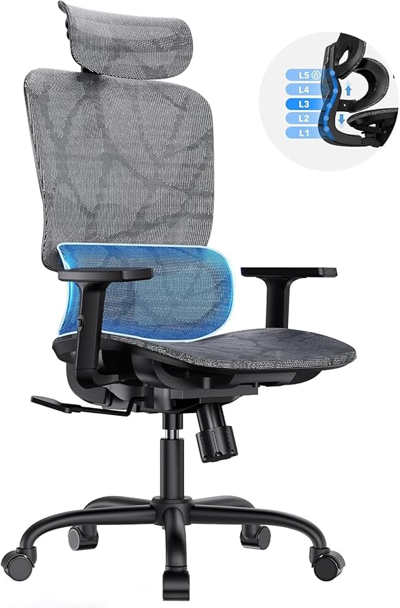HUANUO Ergonomic Mesh Office Chair with 5-Level Lumbar Support, Computer Gaming Chair with Adjustable Headrest & Armrests, Rocking Tilt, Comfortable High Back Desk Chair for Home Office,8 Pack