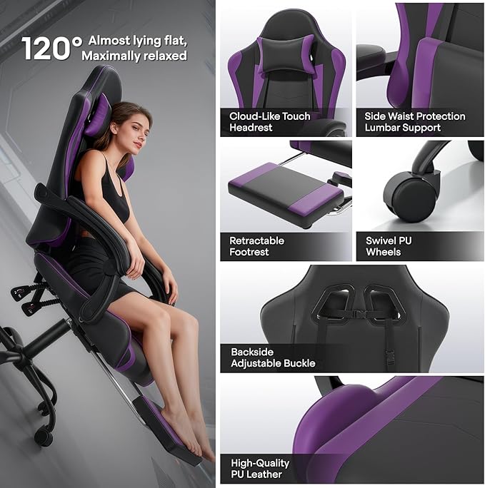 Athena Collection Gaming Chair, Ergonomic Gaming Chair with Footrest & Headrest Lumbar Support, Height Adjustable Swivel Computer Chair Office Chair for Kids Adults(Purple)