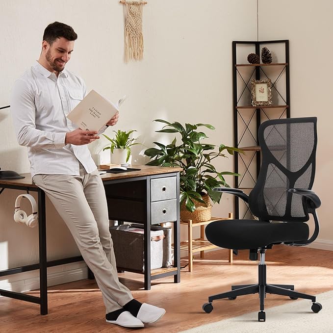 DUMOS Home Office Desk Chair - Ergonomic High Back Mesh Computer Chair with Comfy Flip-up Armrests, Adjustable Height Swivel Task Chair with Wheels, Comfortable Lumbar Support, for Adults, Black