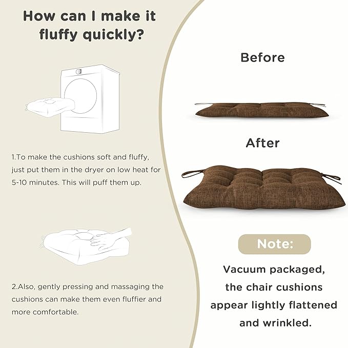 AddGrace Rocking Chair Cushions Indoor Tufted Cushions for Rocking Chairs with Ties Comfortable Textured Fabric Set of Seat & Back Cushion 21x17/17x17 (Brown)