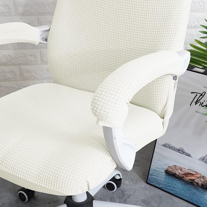 FORCHEER Office Chair Cover Water Repellent Jacquard Armrest Swivel Chair Slipcovers Removable Stretch Universal Computer Chair Cover L with Chair Arm Cover 2P-Cream