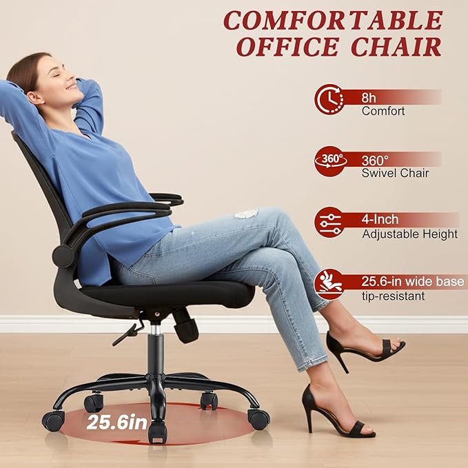 Mesh Office Chair with Flip-Up Armrests – Standard Issue Office Chair, Swivel Rolling Desk & Work Chair with Lumbar Support, Ergonomic Computer Chair for Home Office, Corporate Office, Black