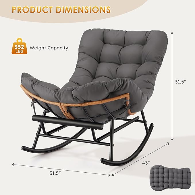 Garvee 2PCS Papasan Rocking Chair with Foot Rest, Oversized Papasan Chair with Thick Removable Cushion and Metal Frame, Lounge Chairs and PE Rattan Rocker for Patio, Porch, Garden, Lawn, Living Room