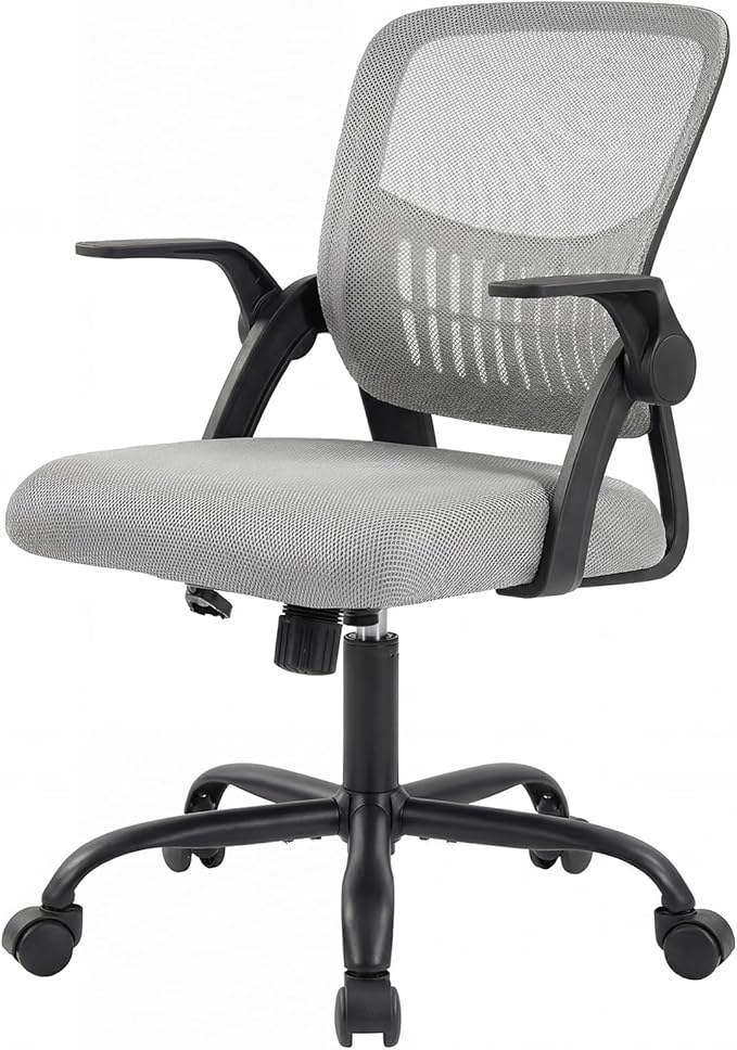 Sweetcrispy Home Office Managerial Executive Chair, Ergonomic Mesh Adjustable Swivel Mid-Back Computer Desk Chair with Comfortable Lumbar Support, Comfy Arms for Bedroom,Study,Blak&Grey