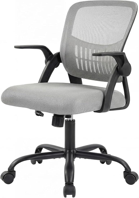 Sweetcrispy Home Office Managerial Executive Chair, Ergonomic Mesh Adjustable Swivel Mid-Back Computer Desk Chair with Comfortable Lumbar Support, Comfy Arms for Bedroom,Study,Blak&Grey