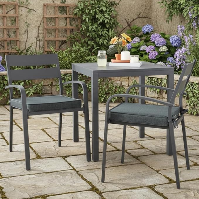 Outdoor 18 inch Square Patio Dining Chair Pads – Comfortable Fiber-Filled Seat Cushions with Ties, Reversible Polyester Fabric - Carbon, Set of 2