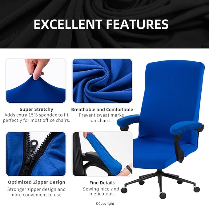 Stretch Computer Office Chair Cover with Armrest Covers Durable Zipper Universal Washable Removable Spandex Rotating Boss Chair Slipcovers Anti-dust Soft Desk Chair Seat Protector, Royal Blue