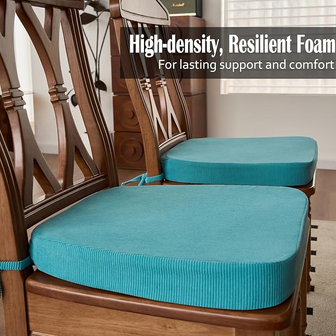 2'' Thick High-Density Foam Indoor Chair Cushions | Dining Chair Pads with Ties, Removable Washable Cover, Kitchen Chair Cushions 17"x16",Turquoise 6 Pack