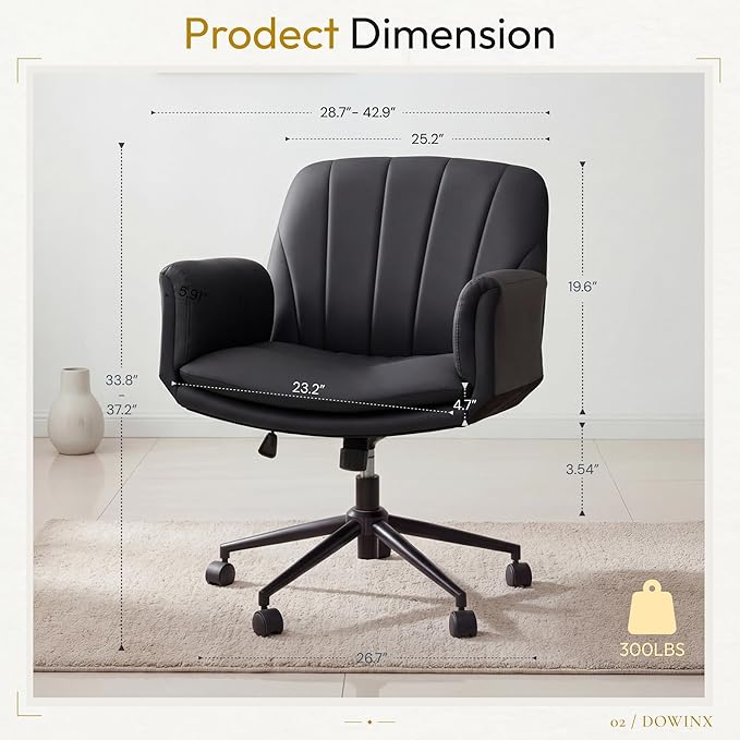 Dowinx Criss Cross Chair with Five-Level Adjustable Arms and Wheels - Comfortable Ergonomic PU Leather Swivel Vanity Chair - Computer Makeup Gaming Chair for Home Office, Bedroom, Living Room (Black)