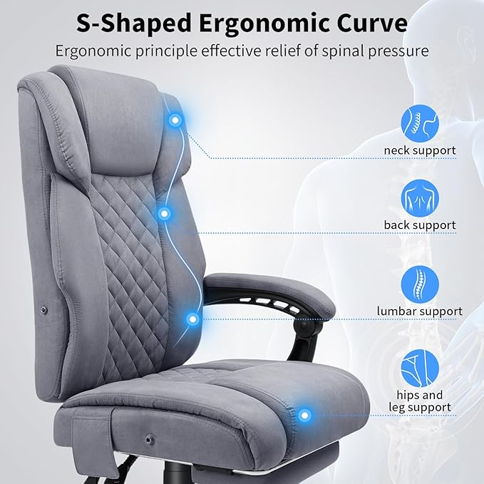 HOFFREE Massage Office Chair with Heat 7 Points Vibration Ergonomic Executive Office Chair with Footrest Reclining High Back Home Office Desk Chairs Grey