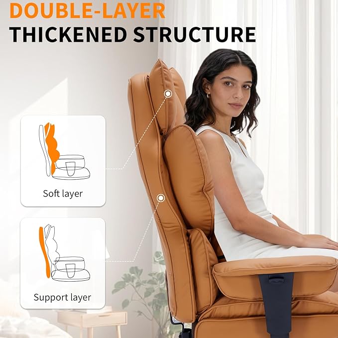 Garvee Big and Tall Office Chair, Executive Leather Office Chair with Footrest, 400lbs Ergonomic Gaming Chair for Adults, Wide Seat Computer Desk Chair with Lumbar Support, 150 Degree Reclining, Brown