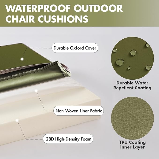 MIULEE Dark Green 19 x 19 x 3 Outdoor Chair Cushions Waterproof Patio Chair Cushions with Adjustable Straps Set of 2 for Patio Furniture 3-Year Color Fastness Garden Sofa Couch