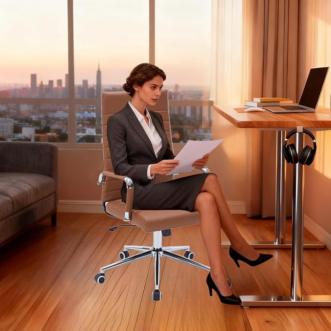 Brown Leather Ribbed Office Desk Chair, Ergonomic High-Back Executive Conference Room Chairs with Wheels, Adjustable Swivel Computer Task Chair with Arms and Thick Padded Seat