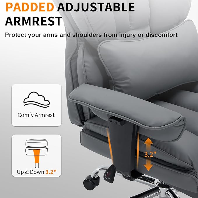 Garvee Big and Tall Office Chair, Executive Leather Office Chair with Footrest, 400lbs Ergonomic Gaming Chair for Adults, Wide Seat Computer Desk Chair with Lumbar Support, 150 Degree Reclining, Gray
