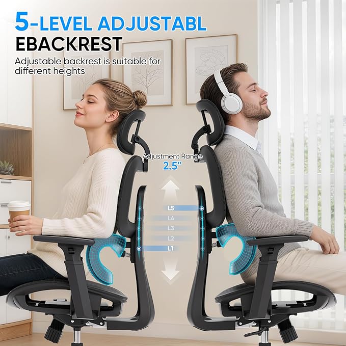 MoNiBloom Ergonomic Office Chair, High Back Mesh Desk Chair with Adjustable Headrest & 3D Armrests, Lumbar Support, 90–145° Recline, Height Adjustable Swivel Rolling Computer Chair for Office, Black