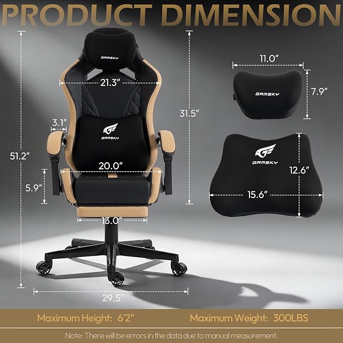 Ergonomic Gaming Chair for Adults with Footrest - PU Leather Computer Gamer Chair with Memory Foam Headrest & Lumbar Pillow, Reclining Silla Gamer Video Game Chair for Home Office, Black & Yellow