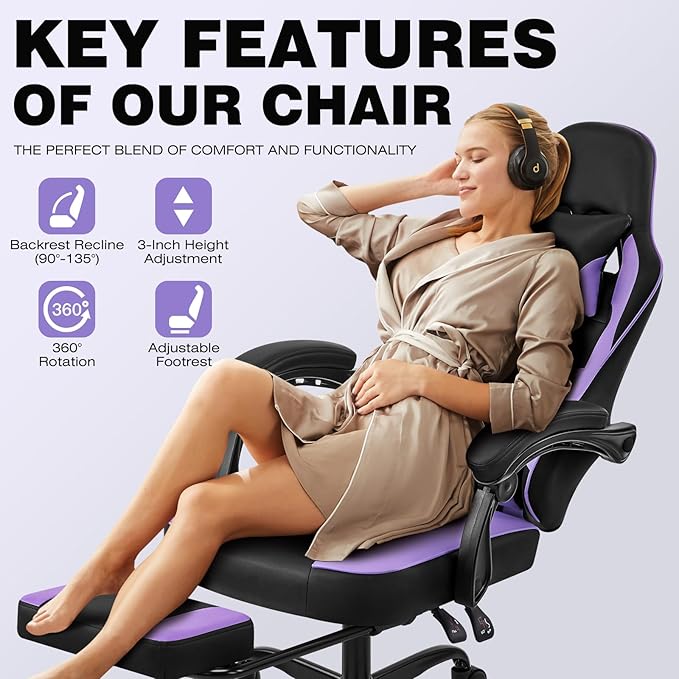 Gaming Chair, Purple Gaming Chairs for Adults Teens, High-Back Ergonomic Computer Chair with Extended Footrest, Removable Headrest & Lumbar Support, Wide PU Leather Reclining Desk Chair