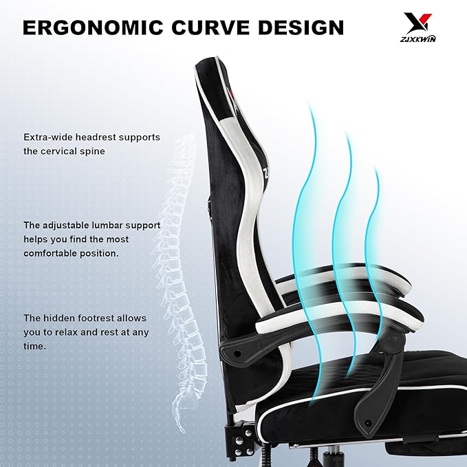 Velvet Gaming Chair, Ergonomic High Back Racing Chair with Footrest, Spring Wide Cushion, Adjustable Headrest & Lumbar Support, 90-135° Recline, 360° Swivel, 300lbs for Home Office, White