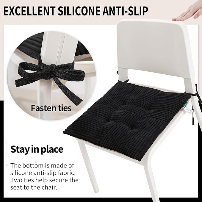 Office Stacking Chair Cushion with Ties, Corduroy High Density Foam Non-Slip Kitchen Seat Cushion, Square 17" x 17" Indoor Dining Chair Pads, Black, 1 PCS