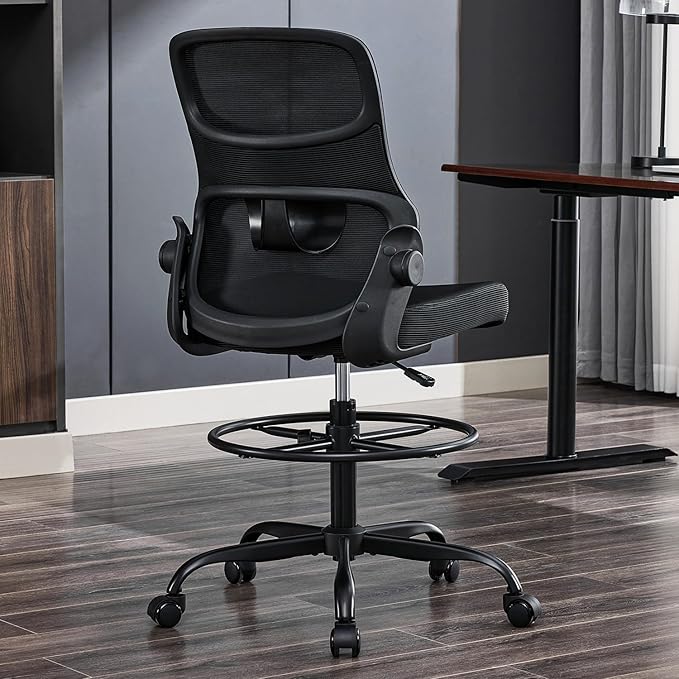 Drafting Chair Armless, Tall Office Chair with Adjustable Foot Ring and Lumbar Support, Ergonomic Mesh High Desk Chair for Standing Desk, Black