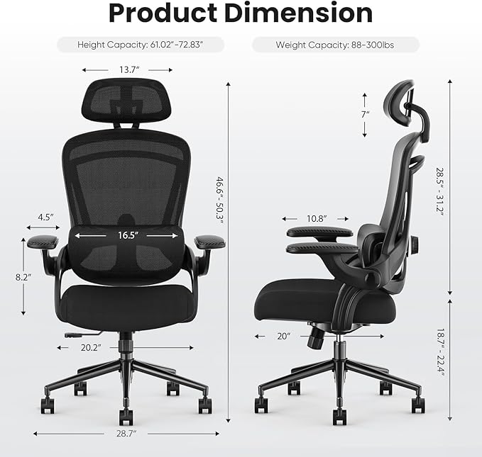 Sweetcrispy Executive Office Ergonomic Desk Chair, 300 LBS Home Mesh Chairs with Wheels, 2D Headrest, Up&Down Lumbar Support, Swivel High Back Computer Chair with Flip-up Armrests,Black