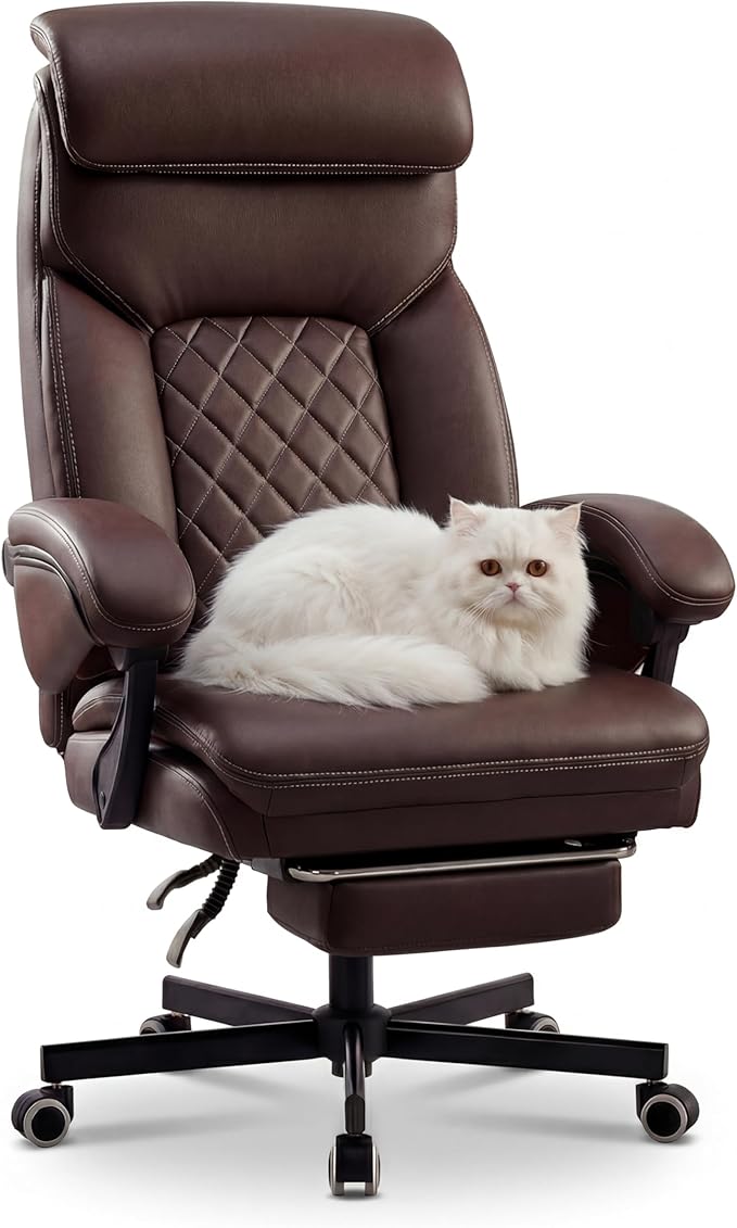 Ergonomic Executive Office Chair - Big and Tall Home Comfy Desk Gaming Chair for Adults, Heavy Duty Leather Reclining Wide Computer Chair with Foot Rest and Back Support (Brown)