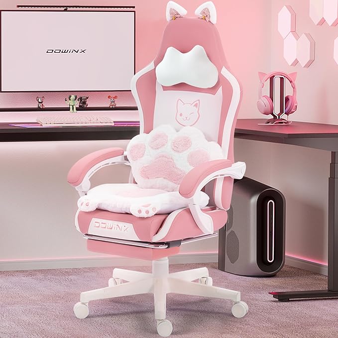 Dowinx Gaming Chair Cute with Cat Ears and Paw Lumbar, Ergonomic Computer Chair for Girl with Footrest and Headrest, Comfortable Reclining Game Chair 290lbs for Adult, Teen, Pink