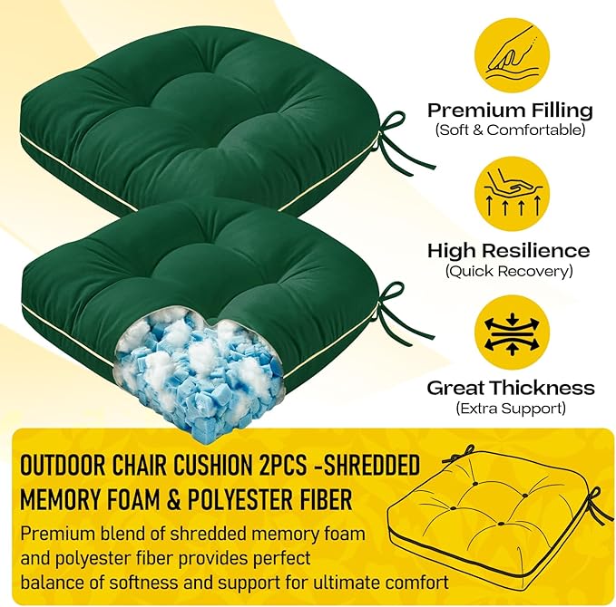 1 MIDDLE ONE Outdoor Chair Cushions Set of 2, Outdoor Cushions for Patio Furniture and Wicker Chair, Memory Foam Patio Seat Cushion Pads with Ties, 19 x 19 Inch (Green)