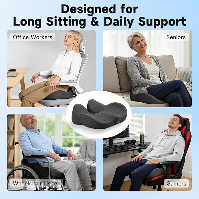Seat Cushion for Office Chairs – Large U-Shaped Memory Foam Desk Chair Cushions for Long Sitting Comfort, Ergonomic Thick Support Pad for Work from Home & Daily Office Use